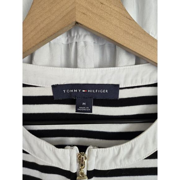 Tommy Hilfiger Womens Medium Black & White Striped Zip Top Coastal Nautical - Picture 3 of 8